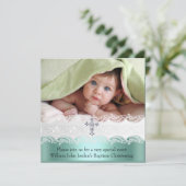 Baptism Mint Green Lace Foto Jewel Cross Boy Kaart (Staand voorkant)