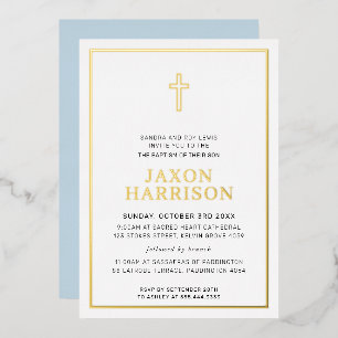 BAPTISM modern elegant cross-boy baby blauw Folie Uitnodiging