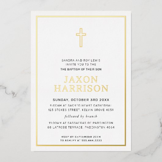 BAPTISM modern elegant cross-boy baby blauw Folie Uitnodiging (Voorkant)