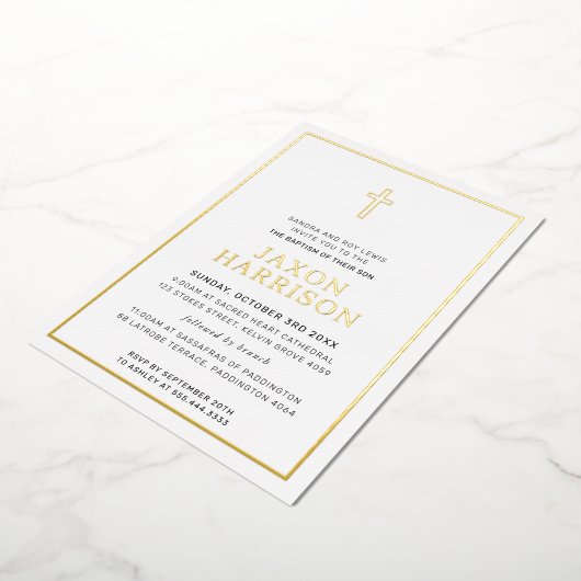 BAPTISM modern elegant cross-boy baby blauw Folie Uitnodiging (Gedraaid)