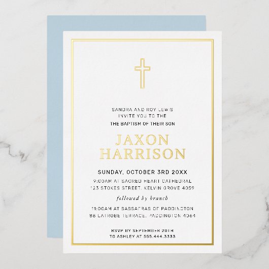 BAPTISM modern elegant cross-boy baby blauw Folie Uitnodiging (Voorkant / Achterkant)
