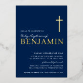 BAPTISM modern elegant cross-navy blauw goud Folie Uitnodiging (Voorkant)