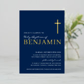 BAPTISM modern elegant cross-navy blauw goud Folie Uitnodiging (Staand Voorkant)