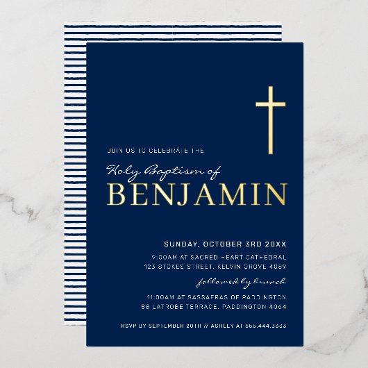 BAPTISM modern elegant cross-navy blauw goud Folie Uitnodiging (Voorkant / Achterkant)