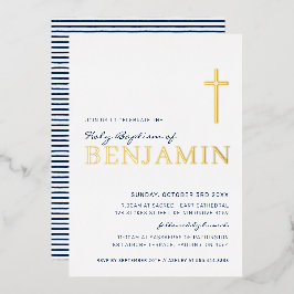 BAPTISM modern elegant cross-navy blue gold Folie  Folie Uitnodiging