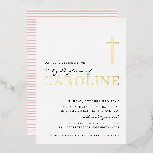BAPTISM modern elegant kruis meisje goudroze Folie Uitnodiging (Voorkant / Achterkant)
