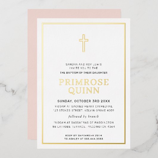 BAPTISM modern elegant kruis roze goud Folie Uitnodiging (Voorkant / Achterkant)