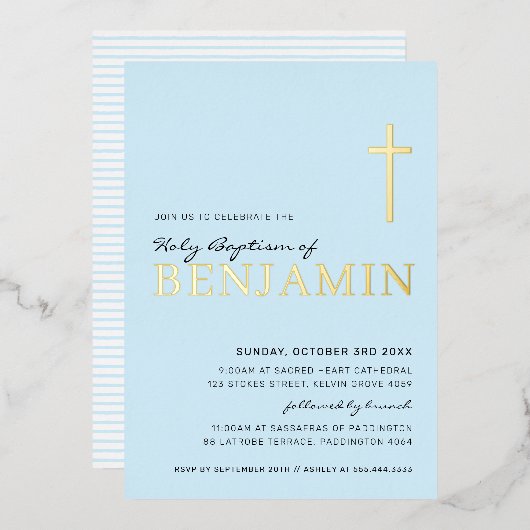 BAPTISM modern elegant kruis-stijlvol jongetje bla Folie Uitnodiging (Voorkant / Achterkant)