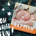 Baptism Moderne Eenvoudige aangepaste Baby foto Keramisch Ornament<br><div class="desc">Dit eenvoudige en moderne ontwerp bestaat uit sans serif typografie. Voeg douanefoto van uw baby toe. Verander de blokkleur in om het even wat u wilt.</div>