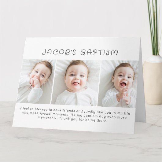 Baptism Moderne Eenvoudige afbeelding drie foto Bedankkaart (Voorkant)