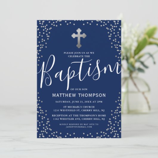Baptism Navy Blue Silver Glitter Christening Kaart (Staand voorkant)