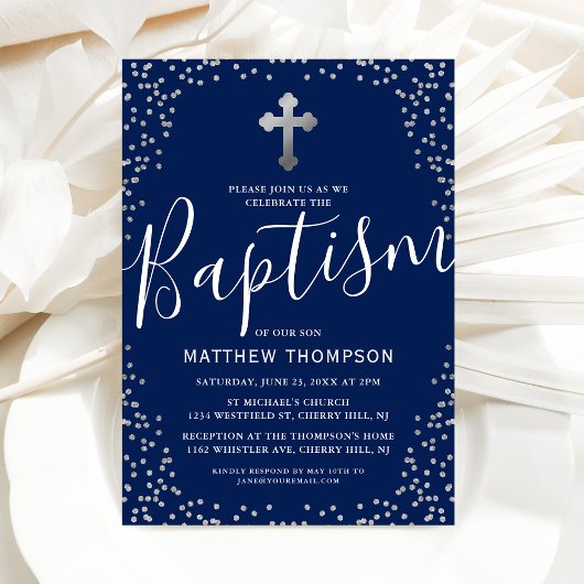 Baptism Navy Blue Silver Glitter Christening Kaart