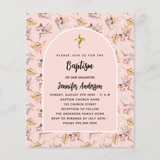 Baptism pampas florals roos budget uitnodiging (Voorkant)