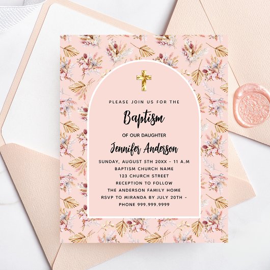 Baptism pampas florals roos budget uitnodiging flyer