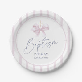 Baptism Paper Plates for Girl, Modern Pink Bow  Papieren Bordje