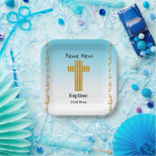 Baptism Party & Gold Cross, Glitter, Blue Papieren Bordje