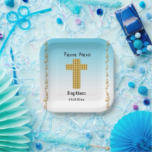 Baptism Party & Gold Cross, Glitter, Blue Papieren Bordje (Feest)