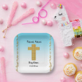 Baptism Party & Gold Cross, Glitter, Blue Papieren Bordje (Feest)