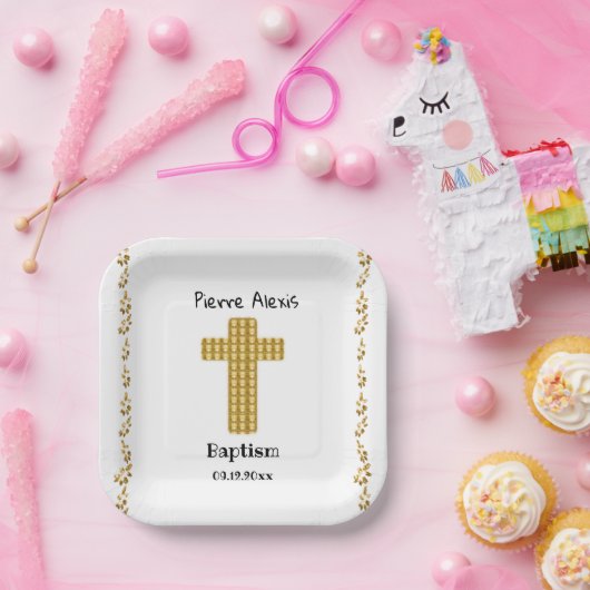 Baptism Party & Gold Cross, Glitter, White Papieren Bordje (Feest)