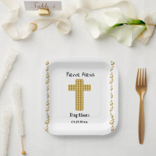 Baptism Party & Gold Cross, Glitter, White Papieren Bordje