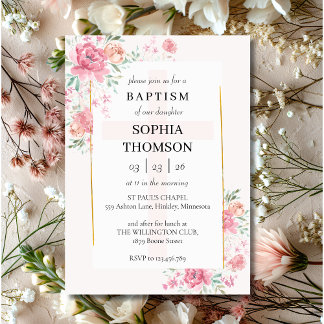Baptism peonies floral invitation kaart