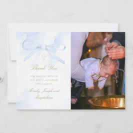 Baptism photo watercolor blue bow thank you card kaart