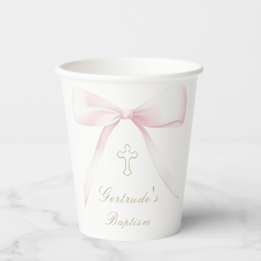Baptism pink bow baby girl papieren bekers (Voorkant)