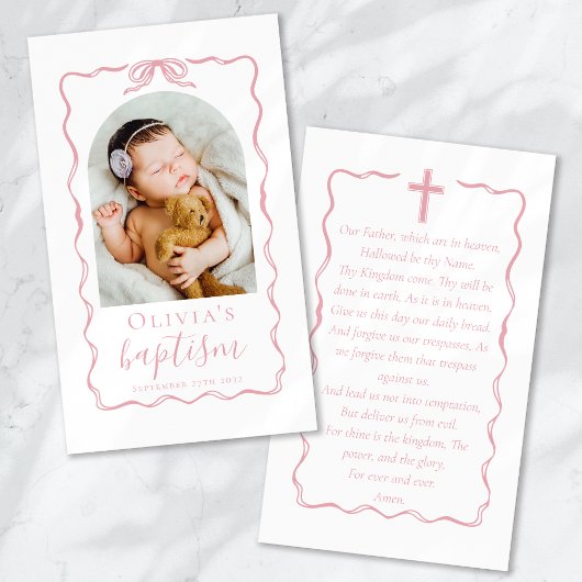 Baptism Pink Bow Ribbon Photo Keepsake Prayer Card Visitekaartje