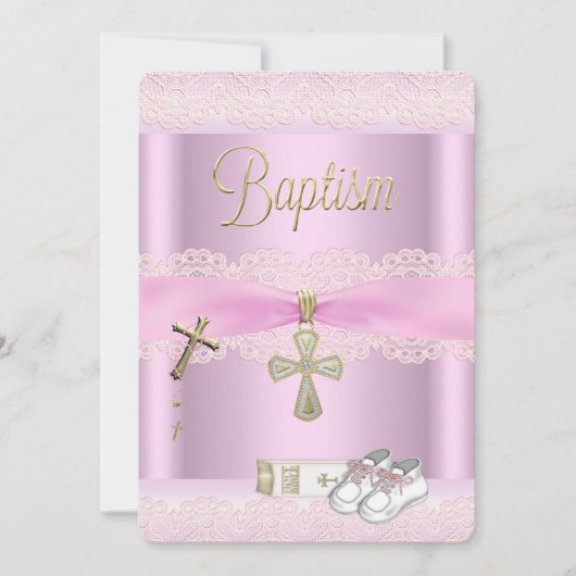 Baptism Pink Cross Girl Lace Christening 2a Kaart (Voorkant)