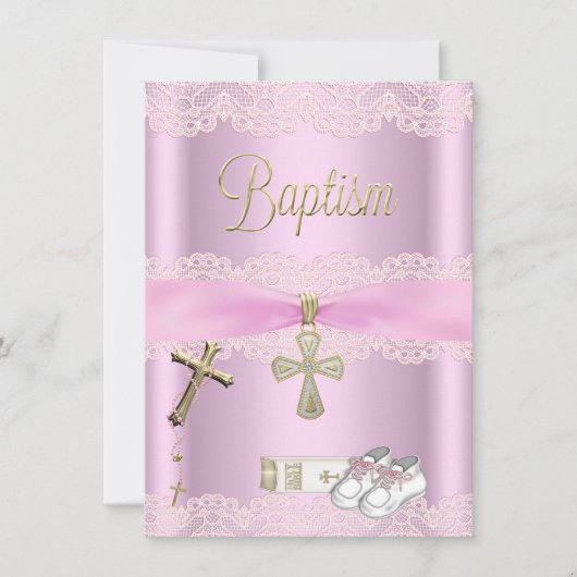 Baptism Pink Cross Girl Lace Christening Kaart (Voorkant)