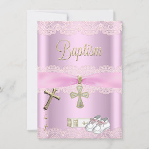 Baptism Pink Cross Girl Lace Christening Kaart