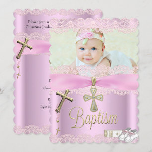 Baptism Pink Cross Girl Lace Christening Kaart