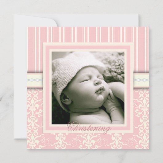 Baptism Pink Damask Fotouitnodiging Kaart (Voorkant)