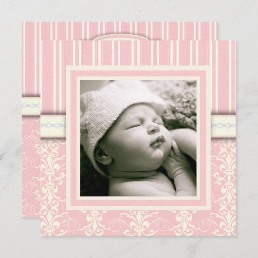 Baptism Pink  Damask Fotouitnodiging Kaart (Voorkant / Achterkant)