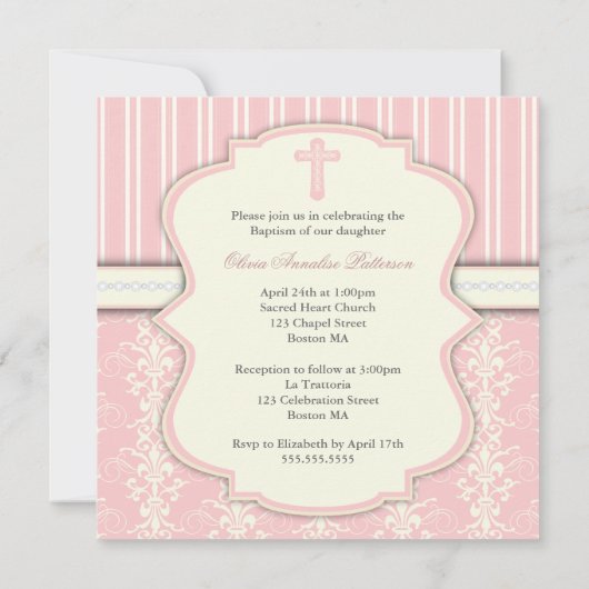 Baptism Pink  Damask Fotouitnodiging Kaart (Achterkant)