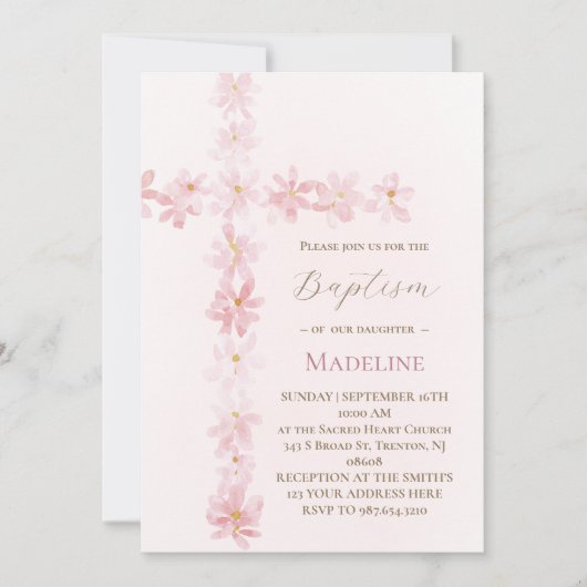 Baptism pink floral cross  kaart (Voorkant)