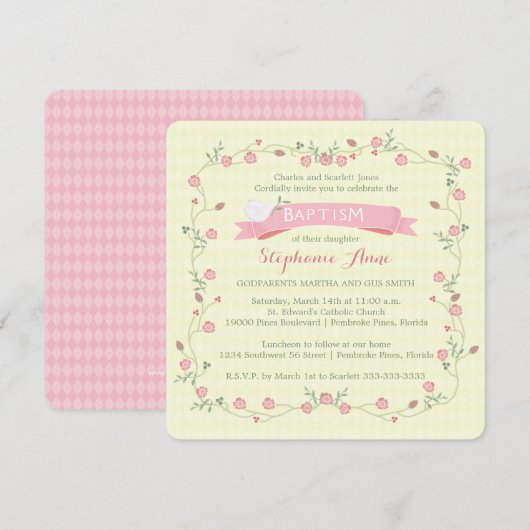 Baptism Pink Floral Wreator Kaart (Voorkant / Achterkant)