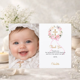 Baptism pink florals wreath bow photo girl bedankkaart
