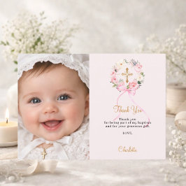 Baptism pink florals wreath bow photo girl bedankkaart