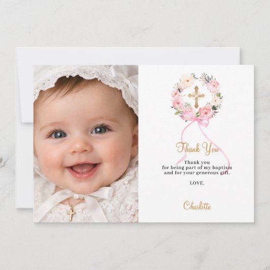 Baptism pink florals wreath bow photo girl bedankkaart (Voorkant)