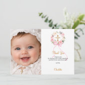 Baptism pink florals wreath bow photo girl bedankkaart (Staand voorkant)