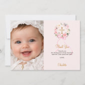 Baptism pink florals wreath bow photo girl bedankkaart (Voorkant)