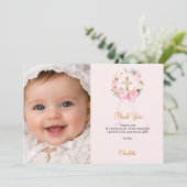 Baptism pink florals wreath bow photo girl bedankkaart (Staand voorkant)