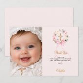 Baptism pink florals wreath bow photo girl bedankkaart (Voorkant / Achterkant)