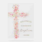 Baptism pink flowers cross welcome clear sign acryl bord (Voorkant)