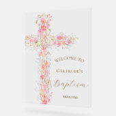 Baptism pink flowers cross welcome clear sign acryl bord (Hoek)