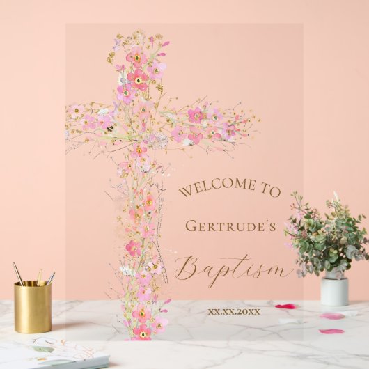 Baptism pink flowers cross welcome clear sign acryl bord (Huwelijk)