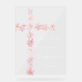 Baptism pink flowers cross welcome clear sign acryl bord