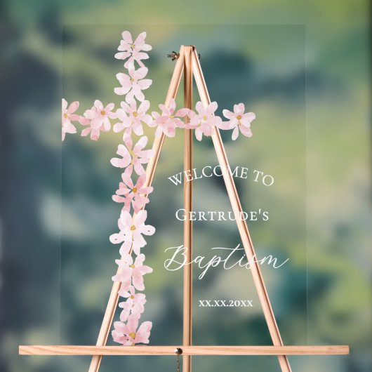 Baptism pink flowers cross welcome clear sign acryl bord (Neutraal)