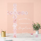 Baptism pink flowers cross welcome clear sign acryl bord (Huwelijk)